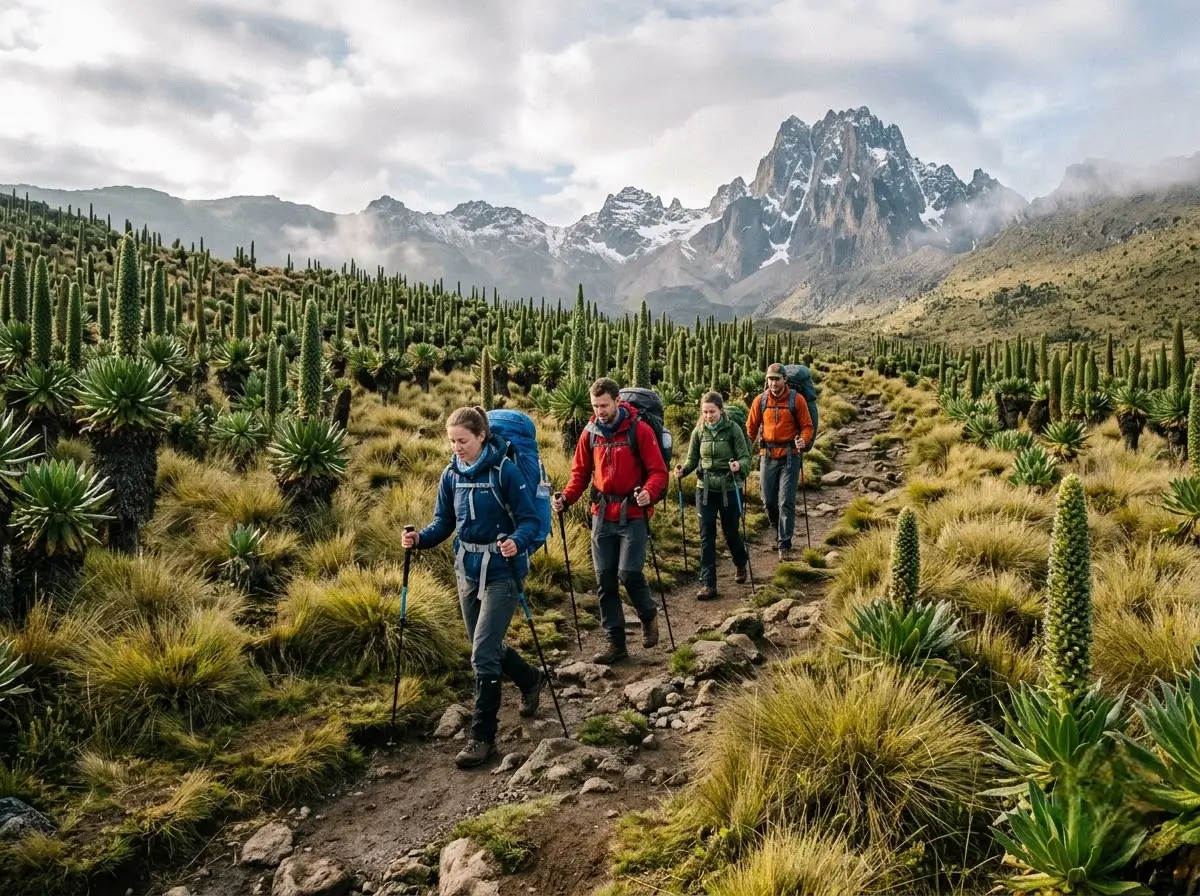 Sirimon route Mount Kenya trekkers in moorland.