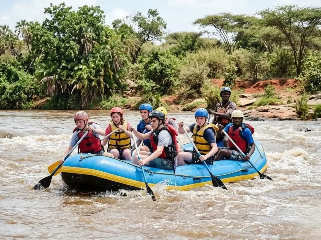 Young people rafting with an instructor on an outdoor education programme