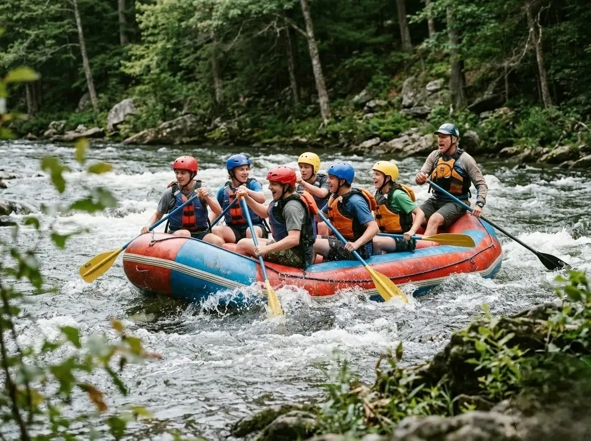 Young people rafting together during an outdoor education session